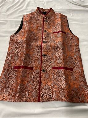 Embroidered Orange Brocade Nehru Vest with Red Trim
